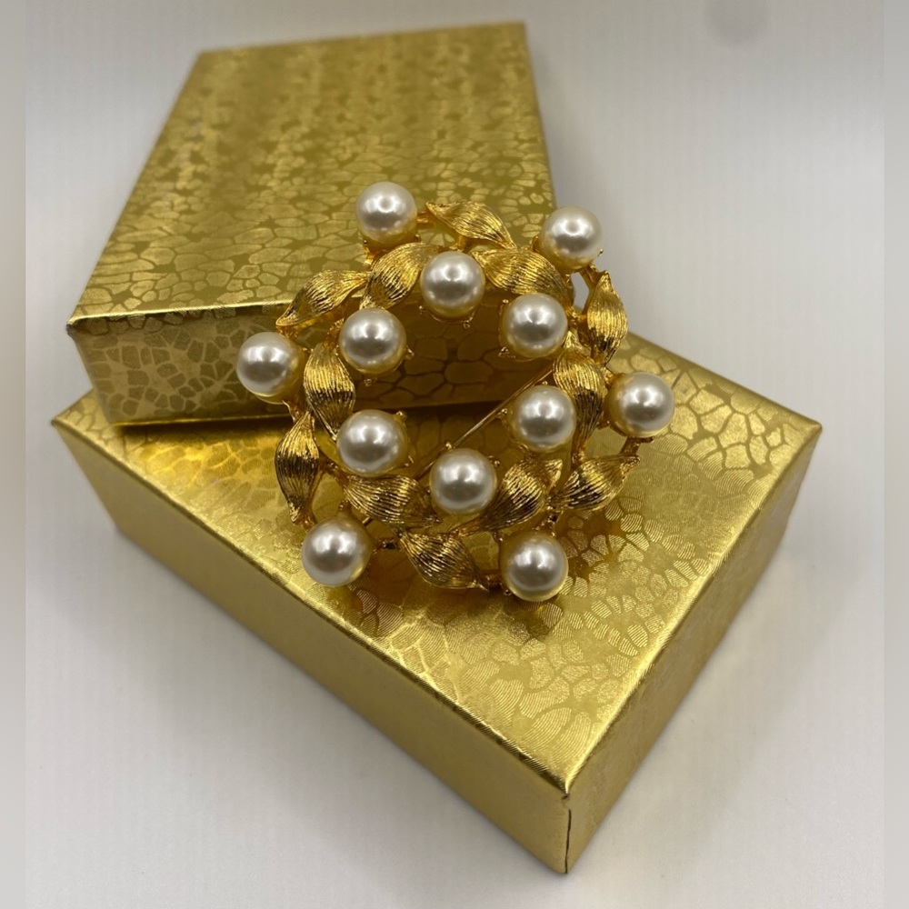 Napier Gold Tone Faux Pearl Leaf Brooch